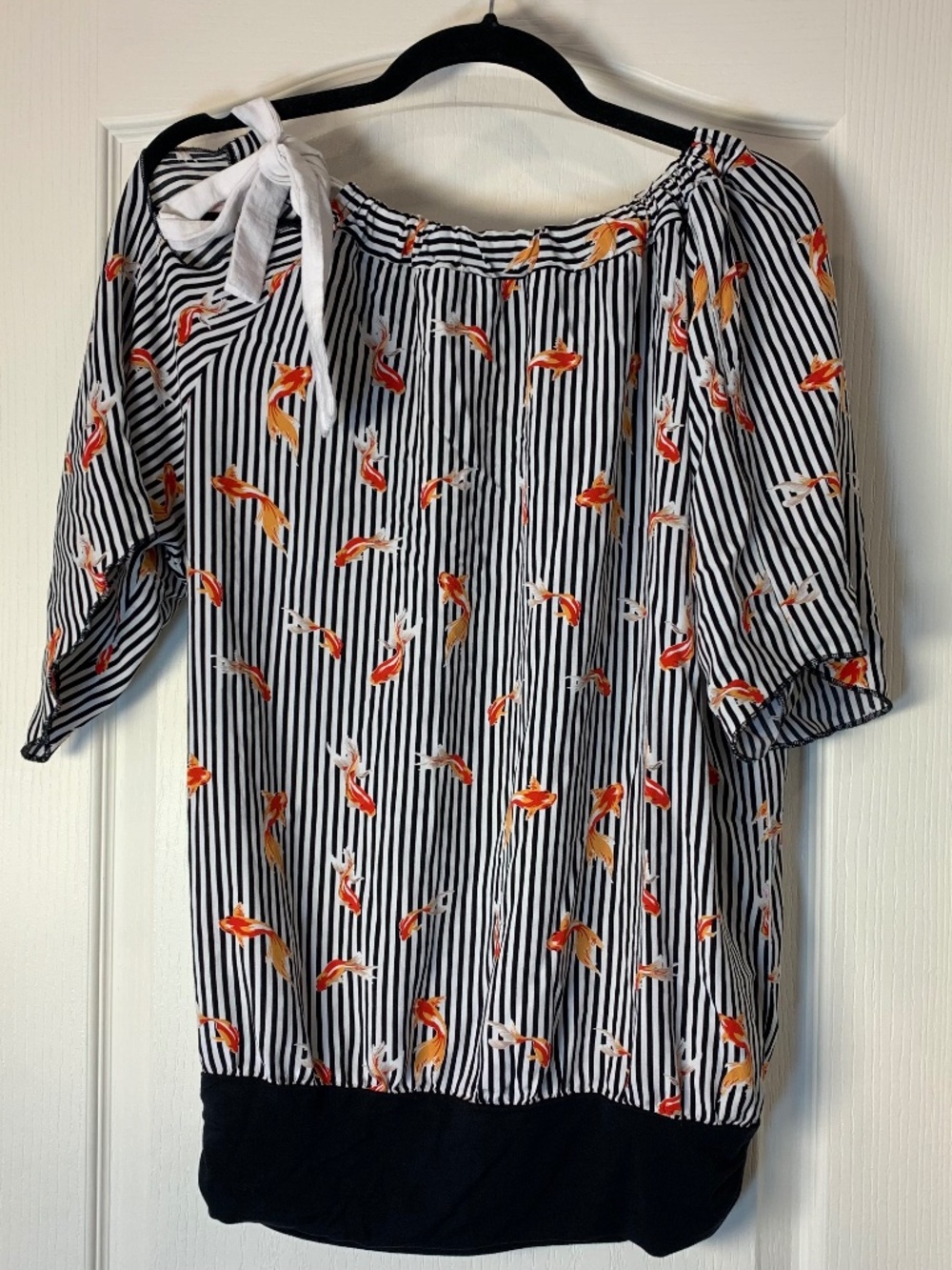Koi M Print Black & White Striped Blouse Made in Canada Designer Myco Anna